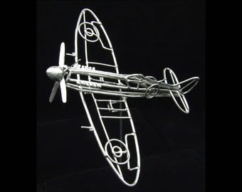 Handmade Detailed Spitfire WWII British Airplane Sculpted Entirely of Aluminum Wire Metal Historical Sculpture Welded Art