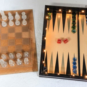 Customized Chess and Backgammon Set - Glass Game Pieces and Chess Board LED Lighted