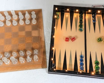 Customized Chess and Backgammon Set - Glass Game Pieces and Chess Board LED Lighted