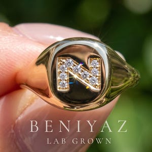 Lab Grown Diamond Initial Signet Ring, 14K Solid Gold Personalized Letter Ring, Pave Monogram Pinky Ring, Custom Signet Ring for Women