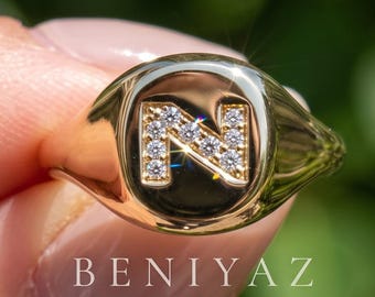 Lab Grown Diamond Initial Signet Ring, 14K Solid Gold Personalized Letter Ring, Pave Monogram Pinky Ring, Custom Signet Ring for Women