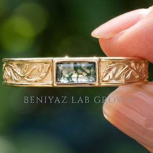 Moss Agate Ring, Leaf Engraved 5mm Wedding Band in Solid Gold or 925 Silver, Rectangle Bezel Set Green Moss Agate Band, Promise Ring For Him
