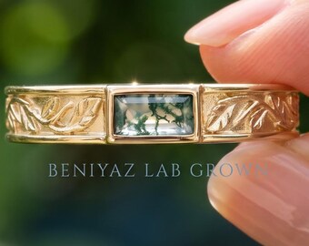 Moss Agate Ring, Leaf Engraved 5mm Wedding Band in Solid Gold or 925 Silver, Rectangle Bezel Set Green Moss Agate Band, Promise Ring For Him