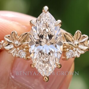 Nature Inspired Marquise Diamond Engagement Ring, Spring Floral Leaf Ring for Her, Vintage Style Wedding Ring, Handmade Ring For Her