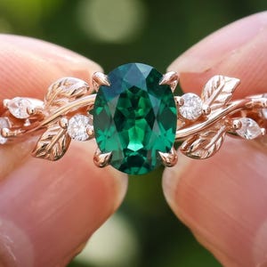 1.00Ct Oval lab grown diamond Emerald Ring, Nature Inspired Leaf and Branch Engagement or Promise Ring, Vintage Inspired Green Gemstone Ring