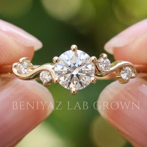 Lab Grown Diamond Engagement Ring 0.25 CT Round Cut Ring Nature Inspired Vine Swirl Dainty Gold Promise Ring Unique Rose Gold Ring
