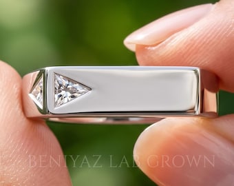 Pinky Signet Ring for Men, 0.25 CT Trillion Lab Grown Diamond, 14K White Gold