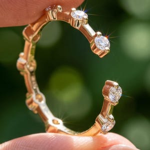 Open wedding band in yellow gold with spaced round lab grown diamonds and a diamond at each end of the gap