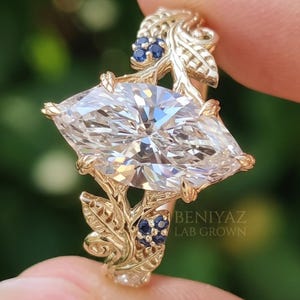 Marquise Engagement Ring, Lab Grown Diamond Twig Engagement Ring, Gold Leaf Ring, Blue Sapphire Vintage Unique Ring, Gift for Her