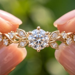 May include: A gold ring featuring a large round brilliant-cut center stone flanked by smaller round stones set within leaf-shaped metal accents along the band. The text BENIYAZ LAB GROWN is printed at the bottom of the image.