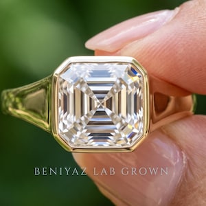 Asscher Cut Ring, 2.55 CT Lab Grown Diamond Bezel Engagement Ring in 14K Yellow Gold, IGI Certified D VVS1 Square Diamond Solitaire Ring