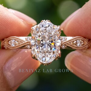 Vintage Oval Lab Grown Diamond Engagement Ring, Rose Gold Milgrain Marquise Accent Band, IGI Certified 1 to 4 CT