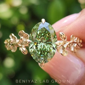 Green Lab Diamond Ring, Oval Engagement Ring, Gold Flower Leaf Ring, Nature Inspired Unique Ring, 14K Gold Anniversary Gift