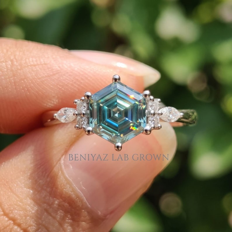 Blue Moissanite Ring, Moissanite Engagement Ring