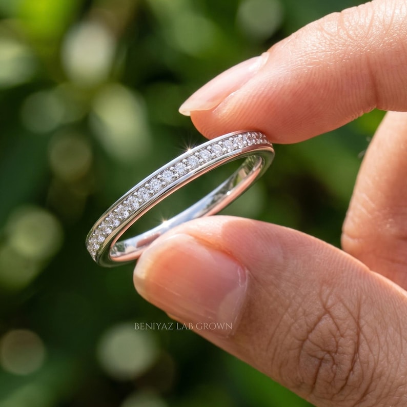 Thin Wedding Band, Moissanite Half Eternity Ring