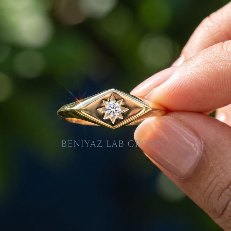 Pinky Signet Ring, Celestial Star Ring with Lab Grown Diamond