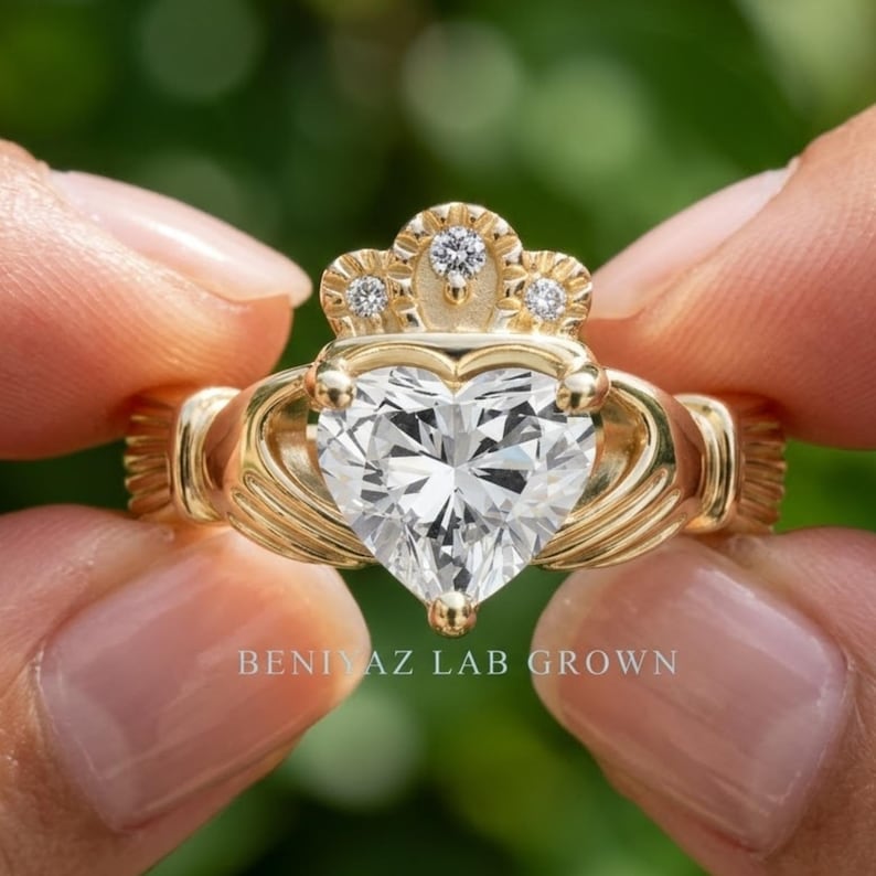 Claddagh Ring, Heart Cut Lab Grown Diamond Claddagh Engagement Ring