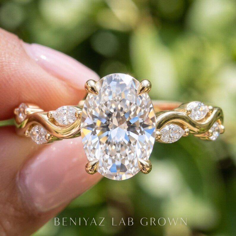 Oval Lab Diamond Ring, Lab Grown Diamond Oval Engagement Ring, Wave Ring, Dainty 14K Solid Gold Unique Promise Ring, Gift for Her