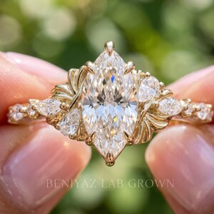 Marquise Diamond Ring, Lab Grown Diamond Engagement Ring, Art Deco Vintage Cluster Ring, 14K Solid Gold Unique Statement Ring image 1