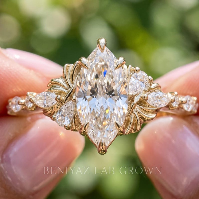 Marquise Diamond Ring, Lab Grown Diamond Engagement Ring, Art Deco Vintage Cluster Ring, 14K Solid Gold Unique Statement Ring image 1