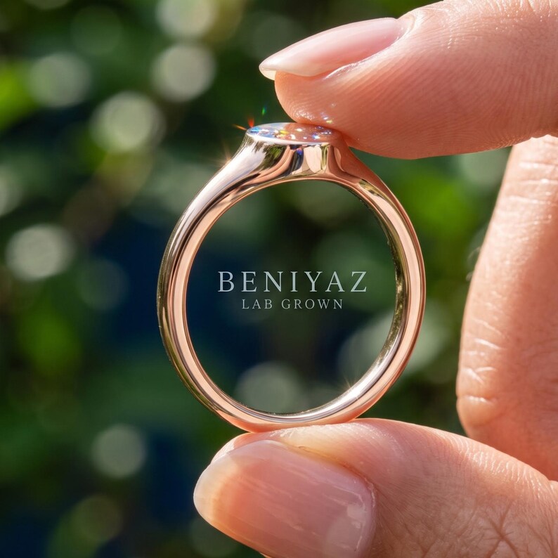 Inside view of oval signet ring held by hand showing smooth interior, tapered band and plain stone-free construction