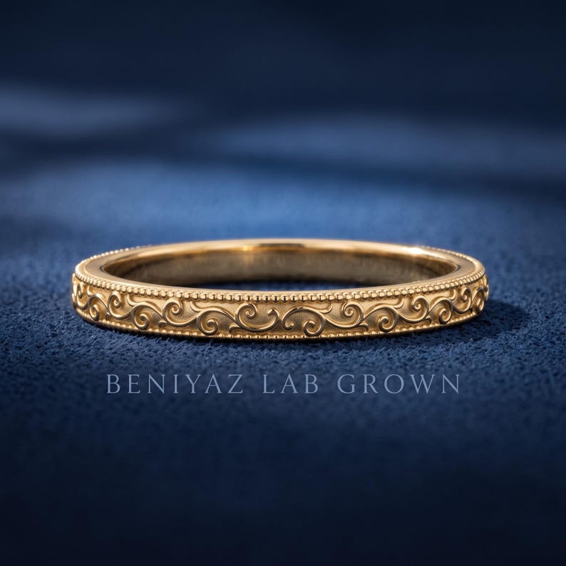 Yellow gold vintage scroll engraved wedding band with milgrain edges, slim minimalist stackable ring, antique inspired gold band for women and men. engraved wedding band, vintage wedding band, scroll engraved ring, milgrain wedding band, stackable wedding ring, antique inspired ring, slim wedding band, dainty bridal band, gold wedding ring, white gold wedding band, rose gold wedding band, minimalist wedding band, engraved stacking ring