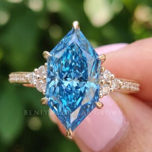 Blue Moissanite Ring, Dutch Marquise Engagement Ring, Cluster Pave Statement Ring, Solid 14K Gold Promise Ring, Gift for Her