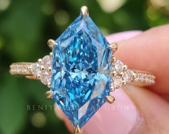 Blue Moissanite Ring, Dutch Marquise Engagement Ring, Cluster Pave Statement Ring, Solid 14K Gold Promise Ring, Gift for Her
