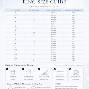 May include: A white ring size guide chart by Beniyaz Lab-Grown featuring a conversion table for US, Canada, UK, and Australia sizes with inner diameters in mm and inches. It includes instructions for the paper strip method and measuring an existing ring.