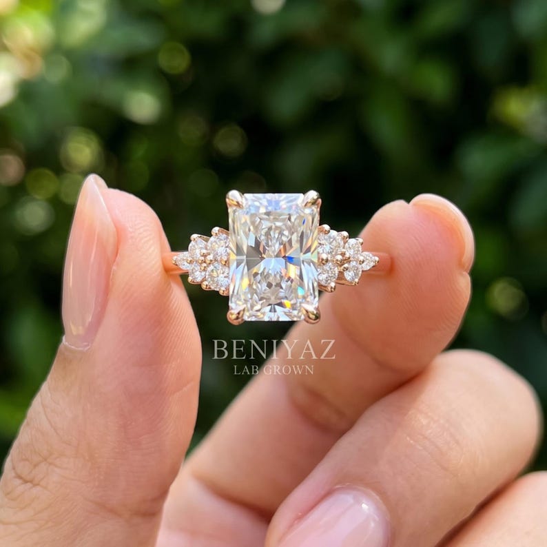 Radiant Cut Lab Grown Diamond Engagement Ring, Round Diamond Ring