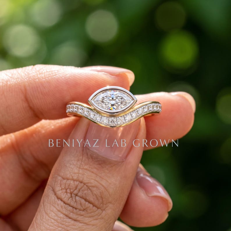 East West Ring, Two Tone Marquise Lab Grown Diamond Engagement Ring