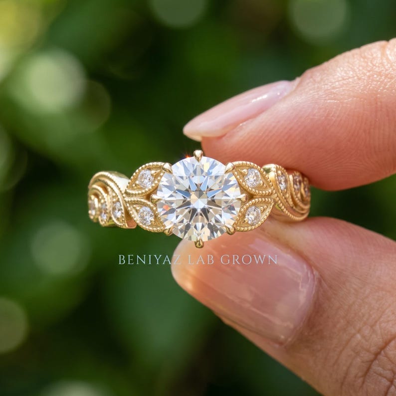 Vintage Engagement Ring, Lab Grown Diamond Antique Ring