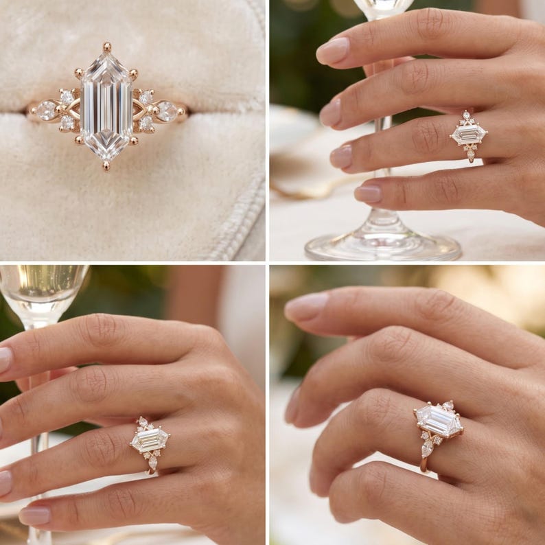 Lifestyle collage showing elongated hexagon lab grown diamond engagement ring worn on hand from multiple angles