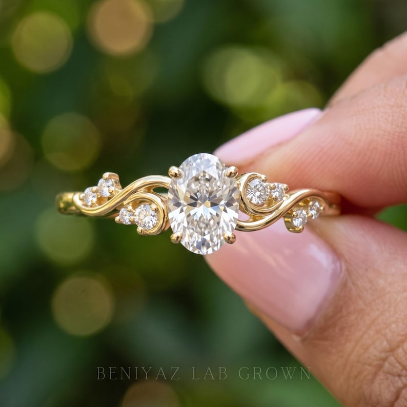 Oval Engagement Ring 0.50 CT Lab Grown Diamond Whimsical Engagement Ring Nature Inspired Vine Swirl Elven Ring Dainty Gold Promise Ring