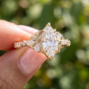 Marquise Diamond Ring, Lab Grown Diamond Engagement Ring, Art Deco Vintage Cluster Ring, 14K Solid Gold Unique Statement Ring image 3