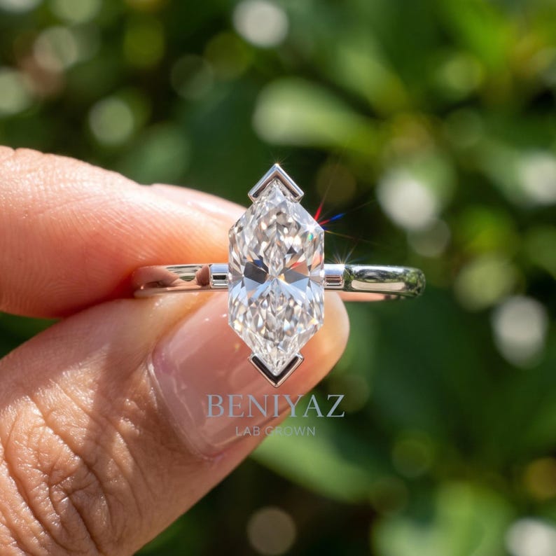 Dutch Marquise Ring 1 to 3 CT Lab Grown Diamond Solitaire Engagement Ring Promise Ring for Her  V Prong Hidden Halo Ring Gift Proposal Ring