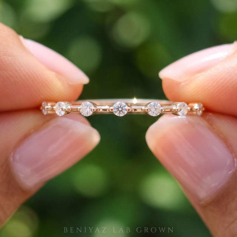 Moissanite Wedding Band, Dainty Moissanite Ring with Spaced Round Stones