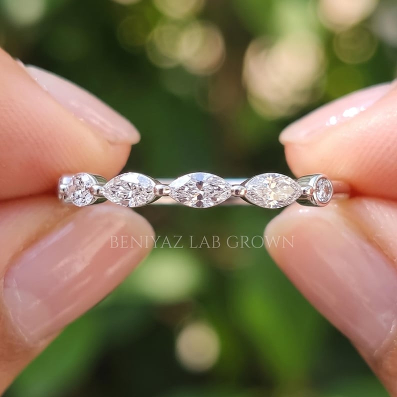 Marquise Wedding Band East West Marquise and Round Lab Grown Diamond Band 0.34 CT Half Eternity Ring Dainty Stacking Band for Women