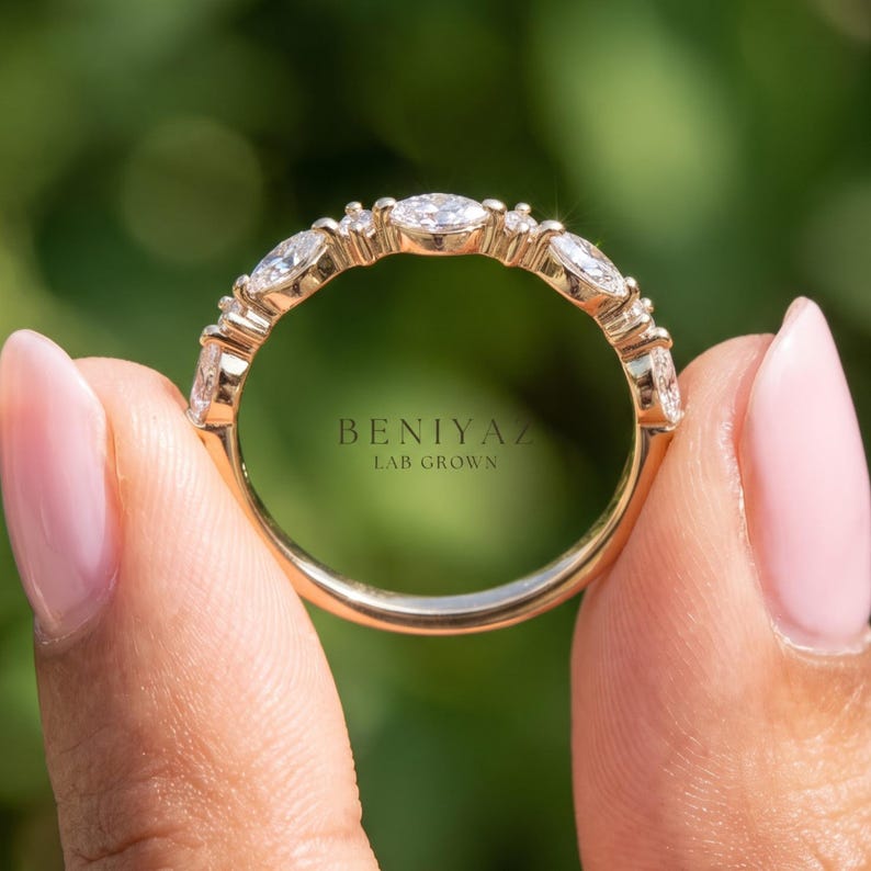 Rose gold half eternity band with alternating east west marquise and round lab grown diamonds