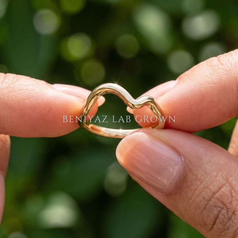 Curved Wedding Band for Women, 14K Solid Gold V Shaped Wishbone Ring