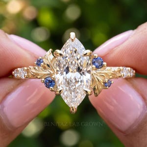 Nature Engagement Ring, Marquise Lab Grown Diamond Ring, Blue Sapphire Gold Leaf Ring, Nature Inspired Unique 14K Promise Ring