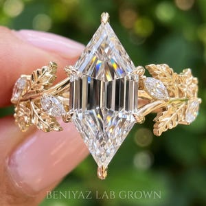 Hexagon Diamond Ring, Lab Grown Diamond Engagement Ring, Step Cut Gold Leaf Ring, Nature Inspired Geometric Unique Ring, Gift for Her