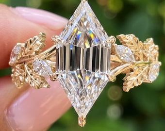 Hexagon Diamond Ring, Lab Grown Diamond Engagement Ring, Step Cut Gold Leaf Ring, Nature Inspired Geometric Unique Ring, Gift for Her