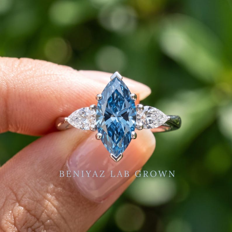 Blue Diamond Ring, Marquise Engagement Ring