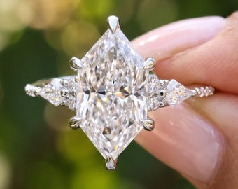 Dutch Marquise Engagement Ring, Lab Grown Diamond Kite Cut Three Stone Ring, Cluster Pave White Gold Platinum Unique Ring, Gift for Her