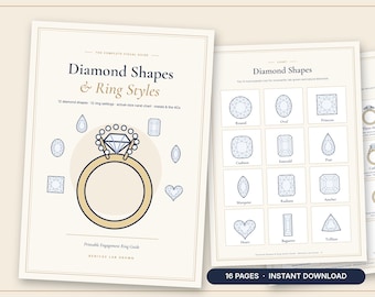 Puede incluir: Una guía imprimible de anillos de compromiso con el texto Diamond Shapes & Ring Styles. El documento muestra varias formas de diamante, incluyendo redondo, ovalado, princesa, cojín, esmeralda, pera, marquesa, radiante, asscher, corazón, baguette y trillion.