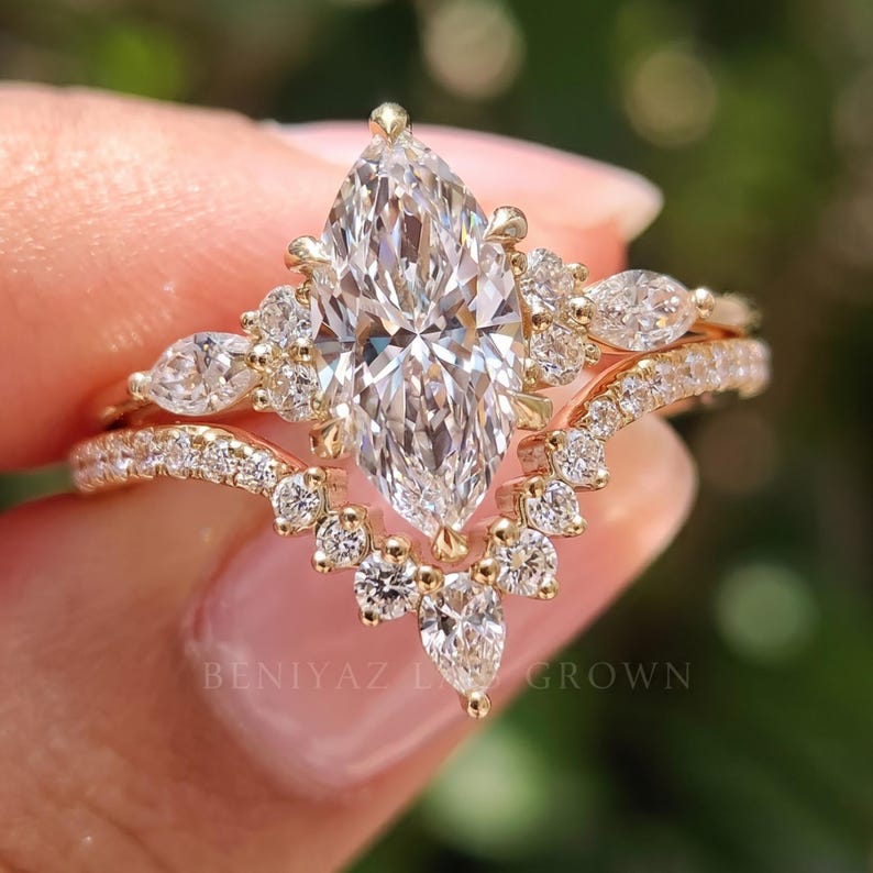 Marquise Engagement Ring Set with Curved Wedding Band
