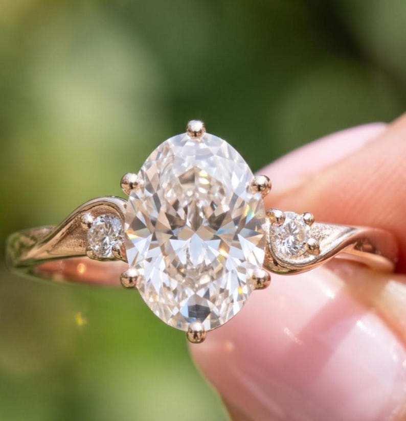 Oval Engagement Ring, Vintage Three Stone Lab Grown Diamond Ring