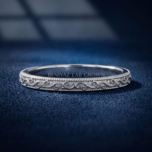 White gold vintage scroll engraved wedding band with milgrain detailing, slim stackable wedding ring, antique style engraved band for everyday wear.