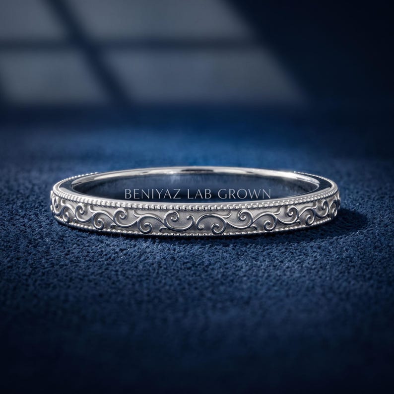 White gold vintage scroll engraved wedding band with milgrain detailing, slim stackable wedding ring, antique style engraved band for everyday wear.